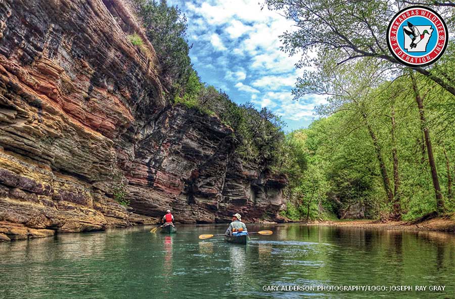An image of people in canoes on the Buffalo River, with the logo of the Arkansas Wildlife Federation.
