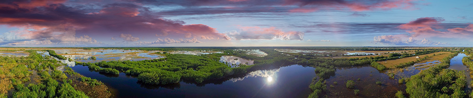 a panoramic view of the Everglades at dusk